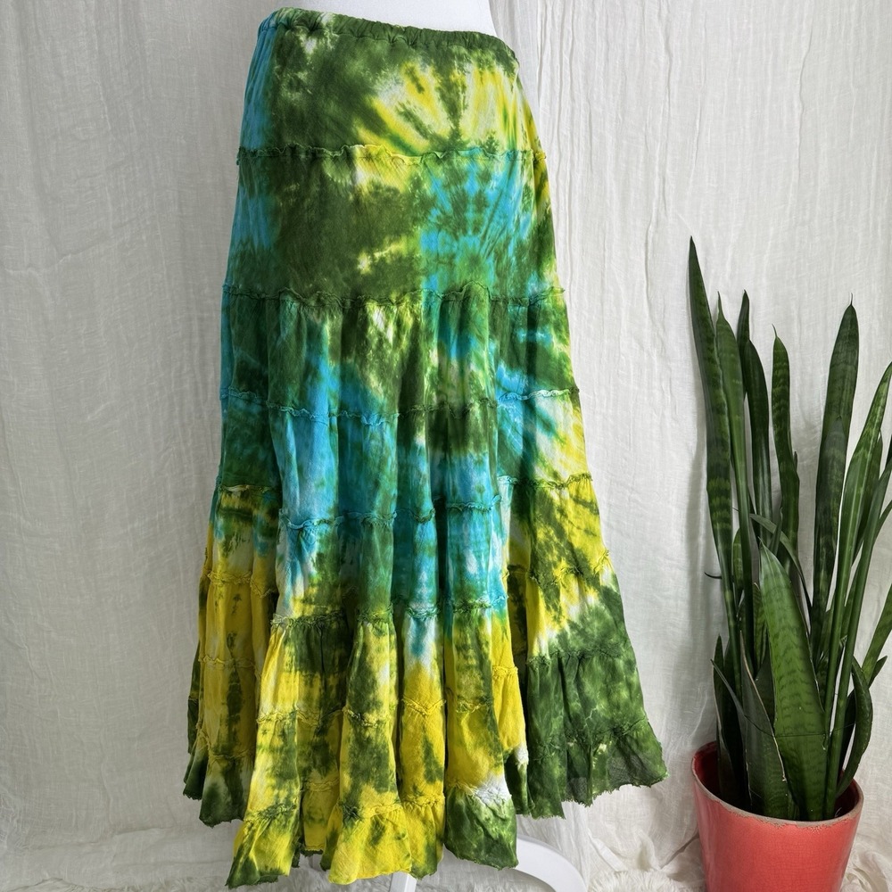 Vtg Tiered Maxi Skirt M Tie Dye Cotton Gauze Y2K Indie Boho Festival Hippie 90s - Picture 5 of 8